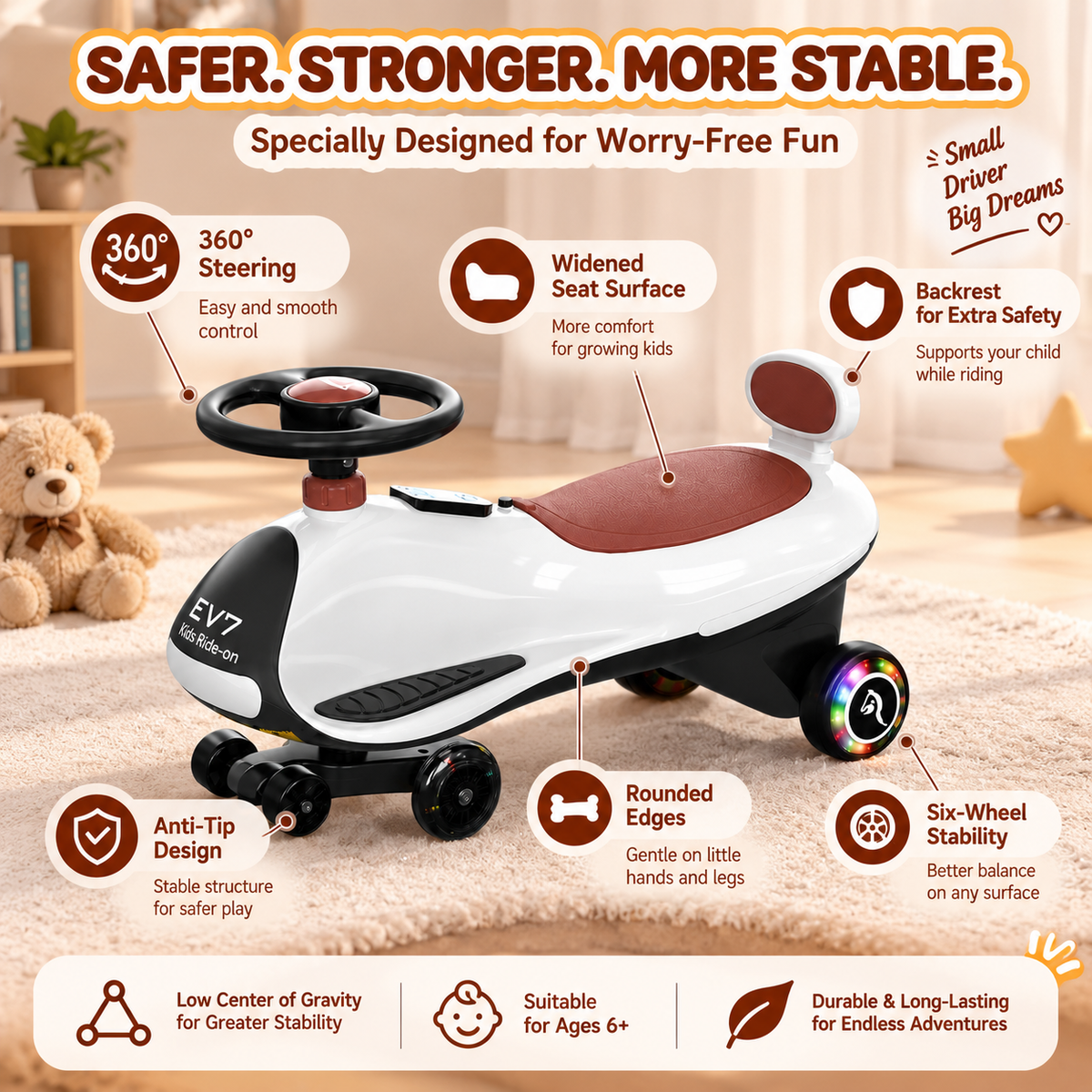 EVERCROSS EV7 Electric Kids Wiggle Swing Car with Bluetooth and LED