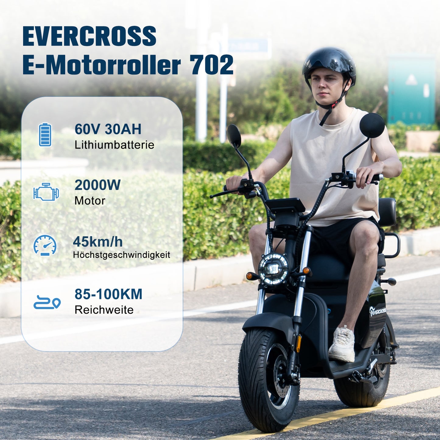 EVERCROS 702 Electric Motorbike, 60V-30Ah Lithium, Schwarz