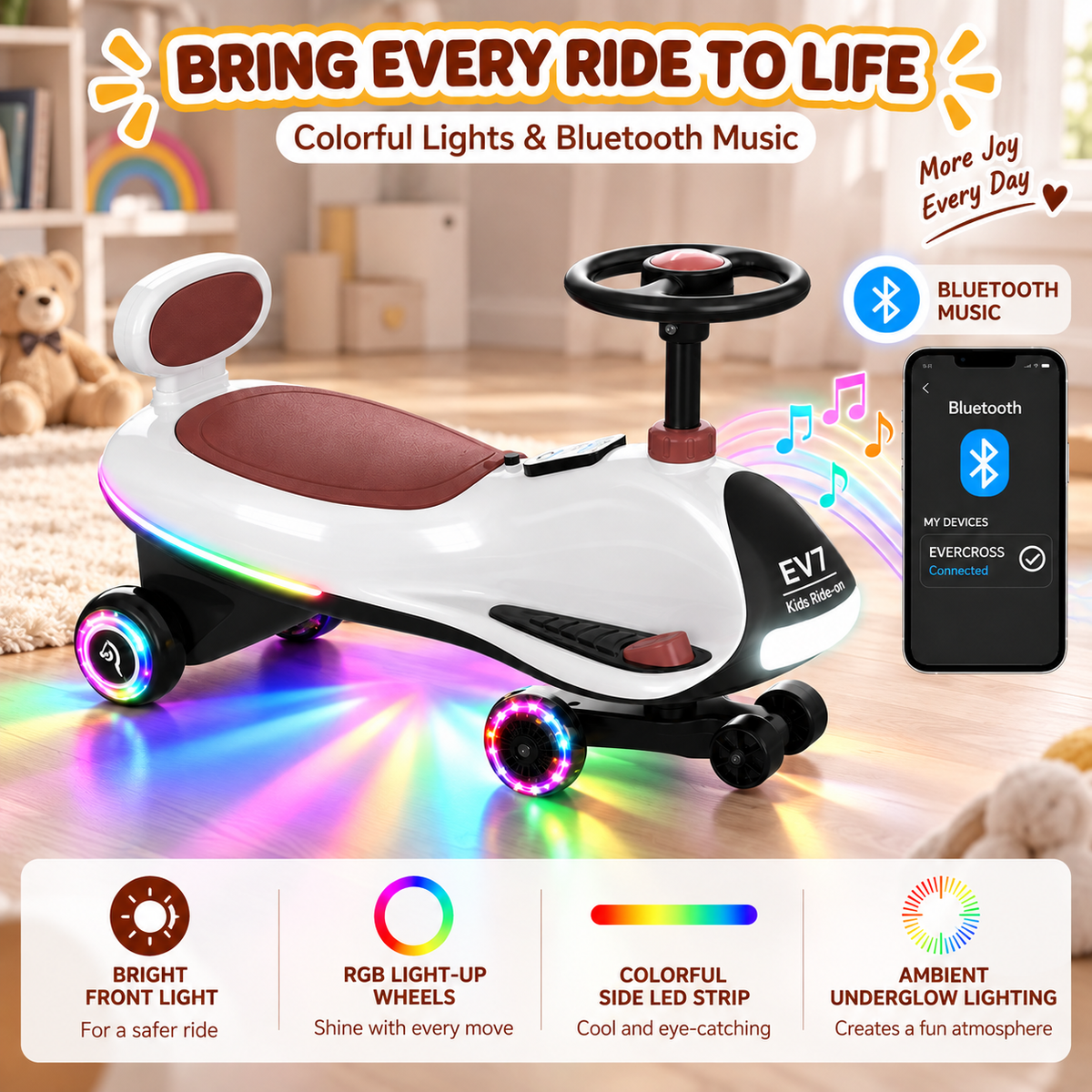 EVERCROSS EV7 Electric Kids Wiggle Swing Car with Bluetooth and LED