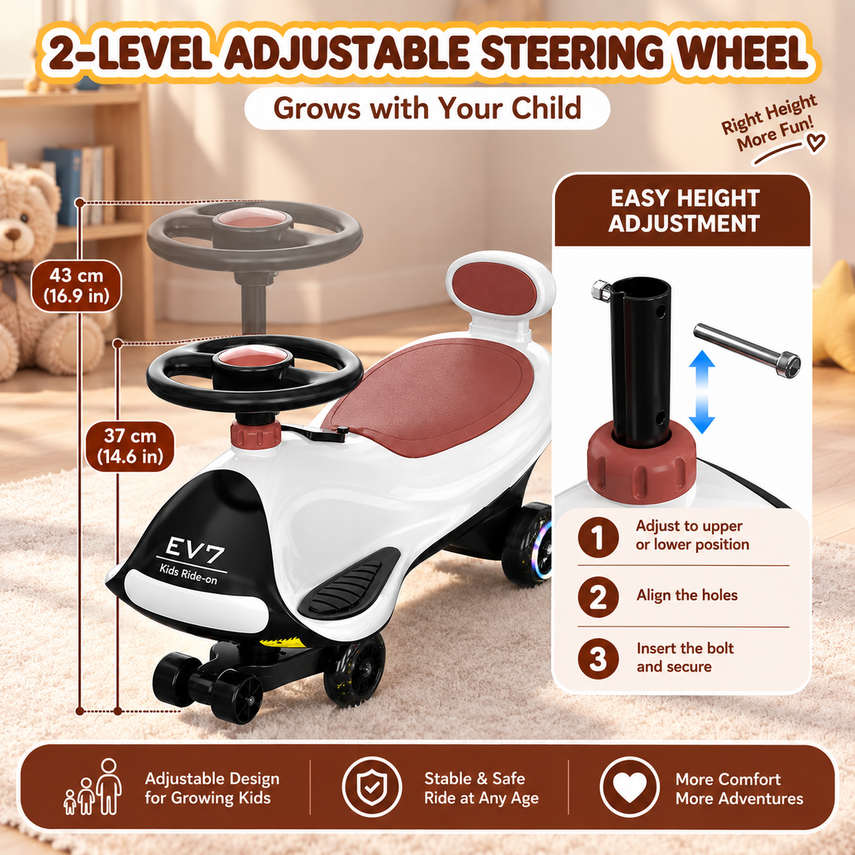 EVERCROSS EV7 Electric Kids Wiggle Swing Car with Bluetooth and LED